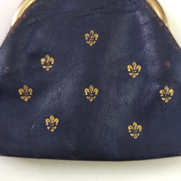 80's Vintage Fleur-De-Lis Embossed Leather Coin Pouch Change Purse Navy Gold - Picture 2 of 8